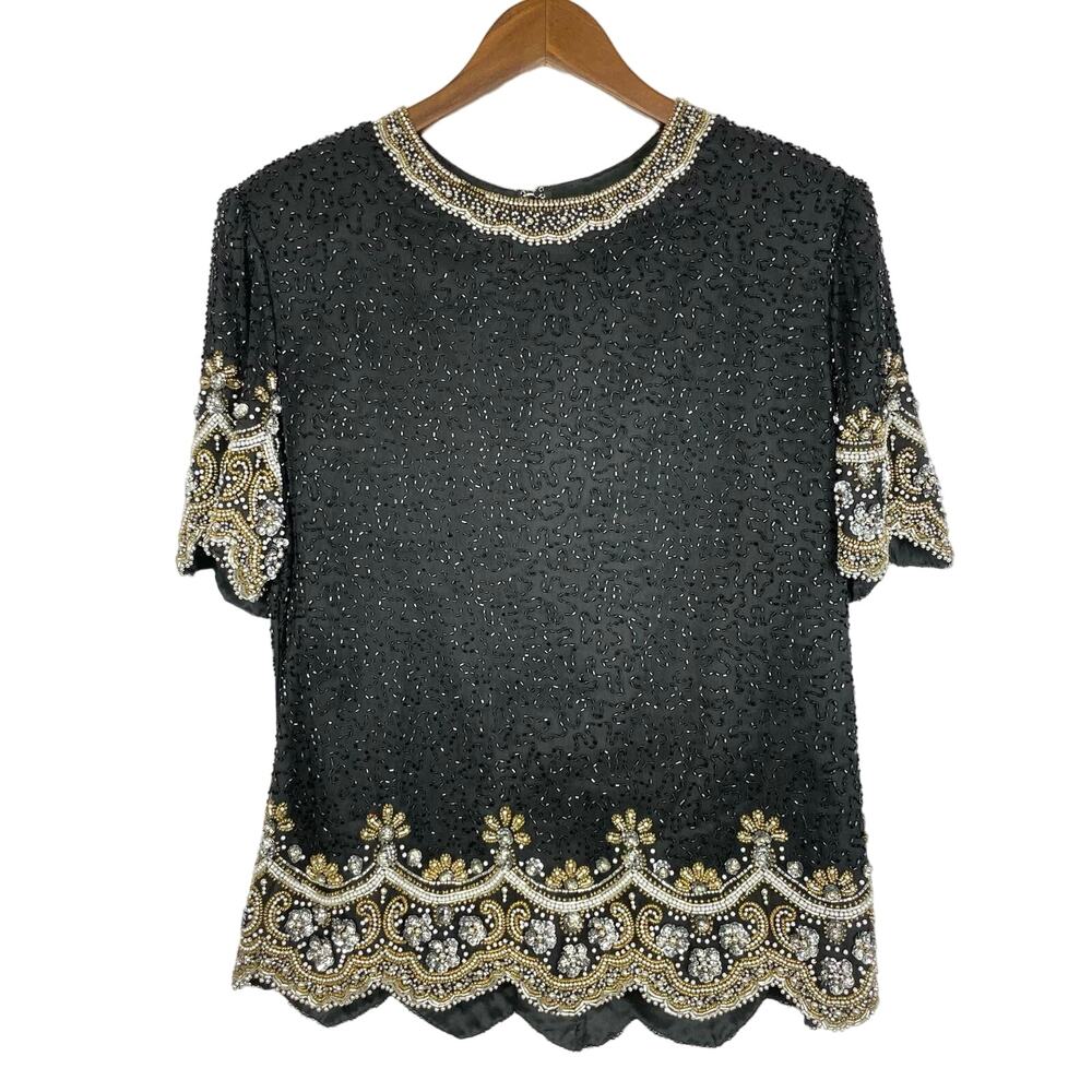 Vintage Laurence Kazer | M/L 80s Beaded & Sequins Silk Elegant Formal Blouse